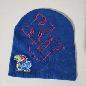 Kansas Jayhawks Blue Knit Beanie Hat With KU Embroidery & Mascot Patch
